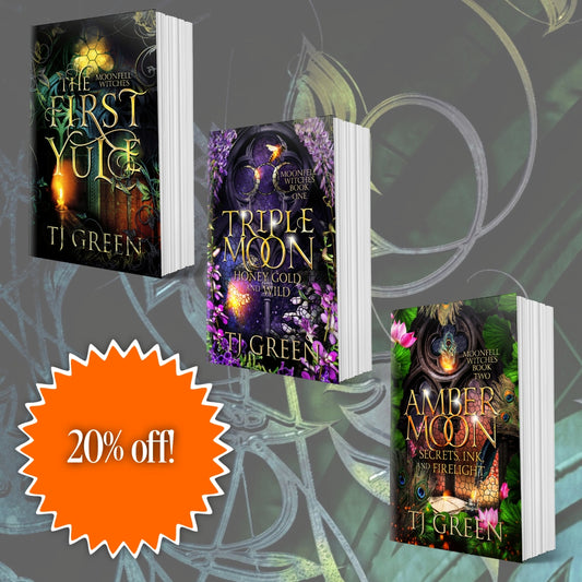 Three books by T.J. Green with promotional text on a decorative background Dual timeline and paranormal mysteries