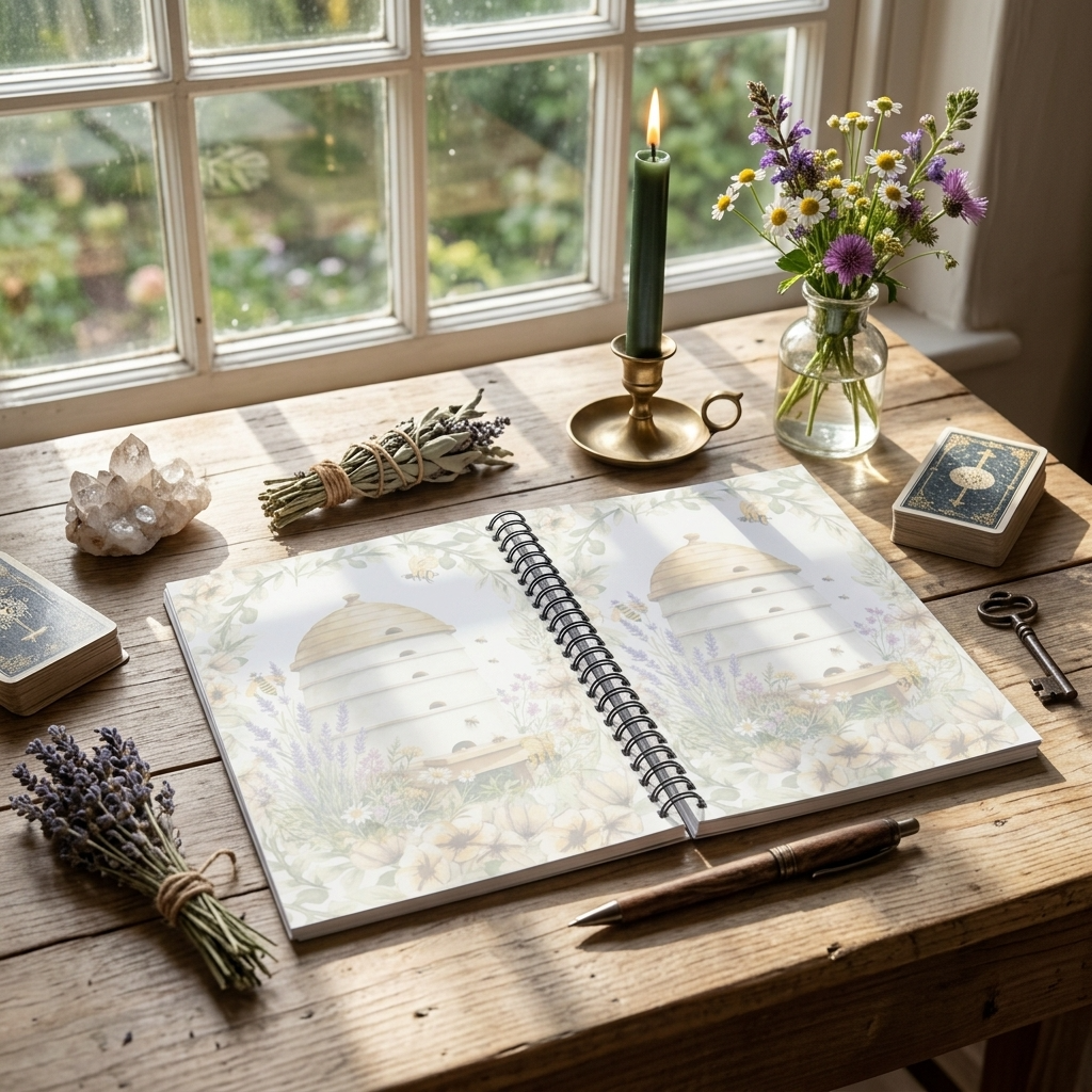 An open spiral notebook with a floral and architectural cover design sits on a rustic wooden table, surrounded by a lit green candle in a brass holder, a glass vase of purple and yellow flowers, lavender bundles, a crystal cluster, a deck of cards, and a vintage key. Sunlight streams in from a window in the background.