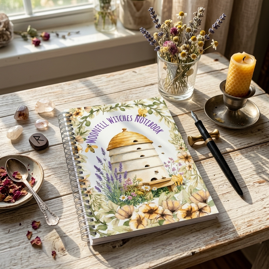 A spiral-bound notebook titled 'Moonfell Witches Notebook' lies on a rustic wooden table, surrounded by dried flowers in a glass vase, a yellow candle in a brass holder, crystals, dried roses, and a black pen. The notebook cover features a watercolor illustration of a beehive surrounded by flowers and bees.