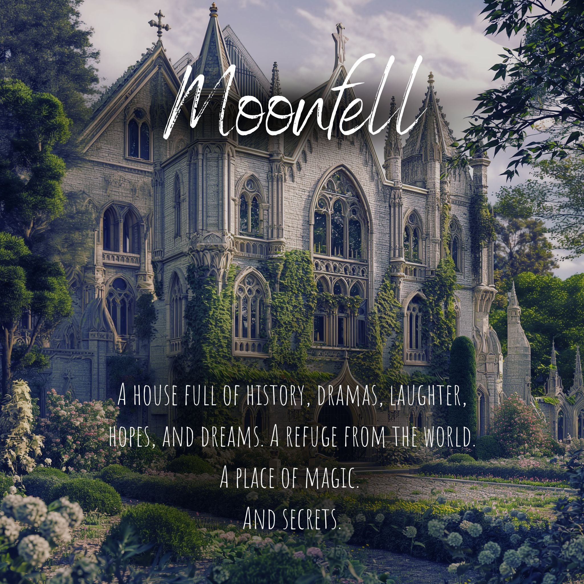 A gothic house and grounds. Paranormal witch mysteries and dual timelines fantasy