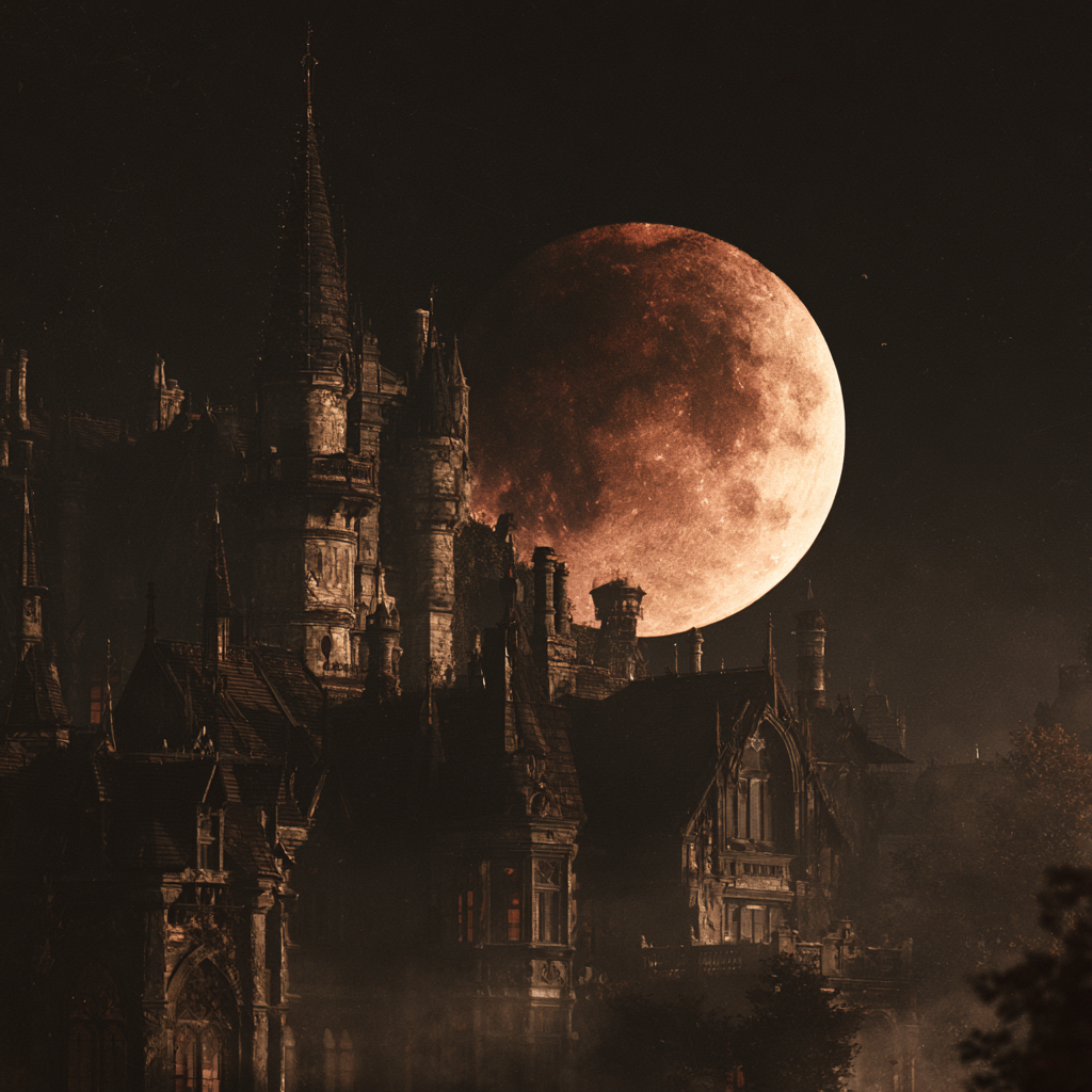 A gothic castle silhouette at night with a large glowing red-orange moon in the dark sky.