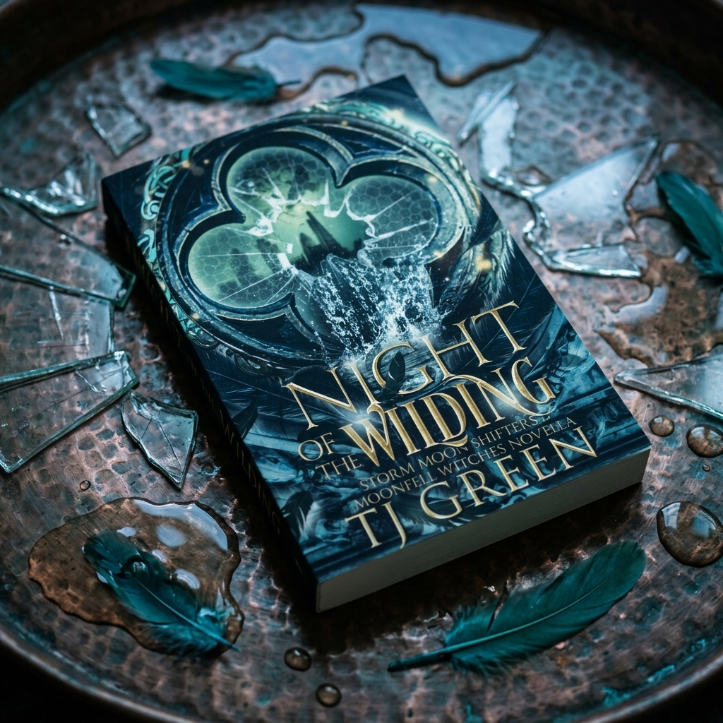 Book titled 'Night of Wilding' by T.J. Green on a textured surface with leaves.