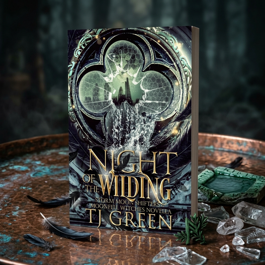 Book titled 'Night of the Widing' by T.J. Green on a dark background with crystals and feathers.