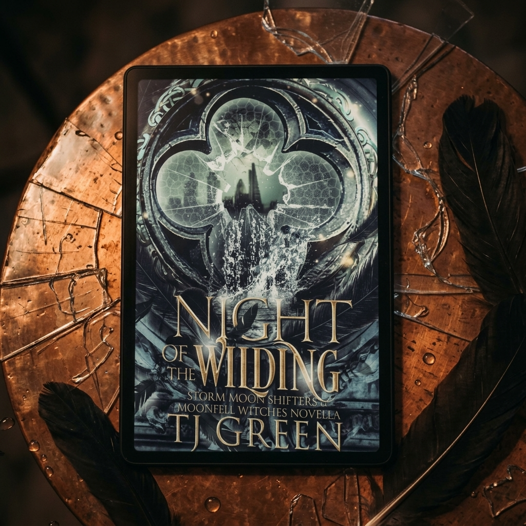 Tablet displaying the book cover of 'Night of the Wilding' on a wooden surface with feathers.
