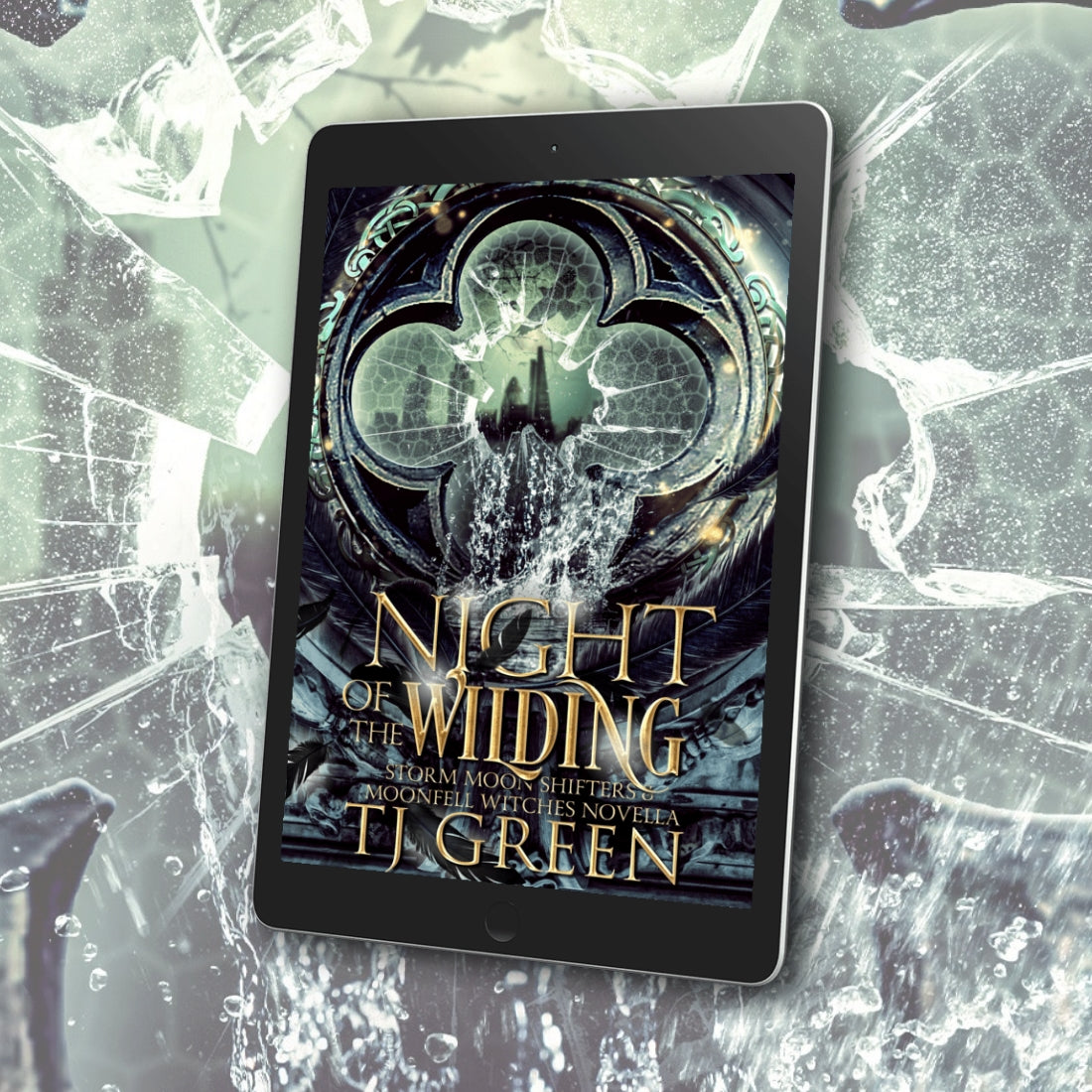 E-reader displaying the cover of 'Night of the Wilding' by T.J. Green on a textured surface. Paranormal mystery, wolf-shifters, English urban fantasy