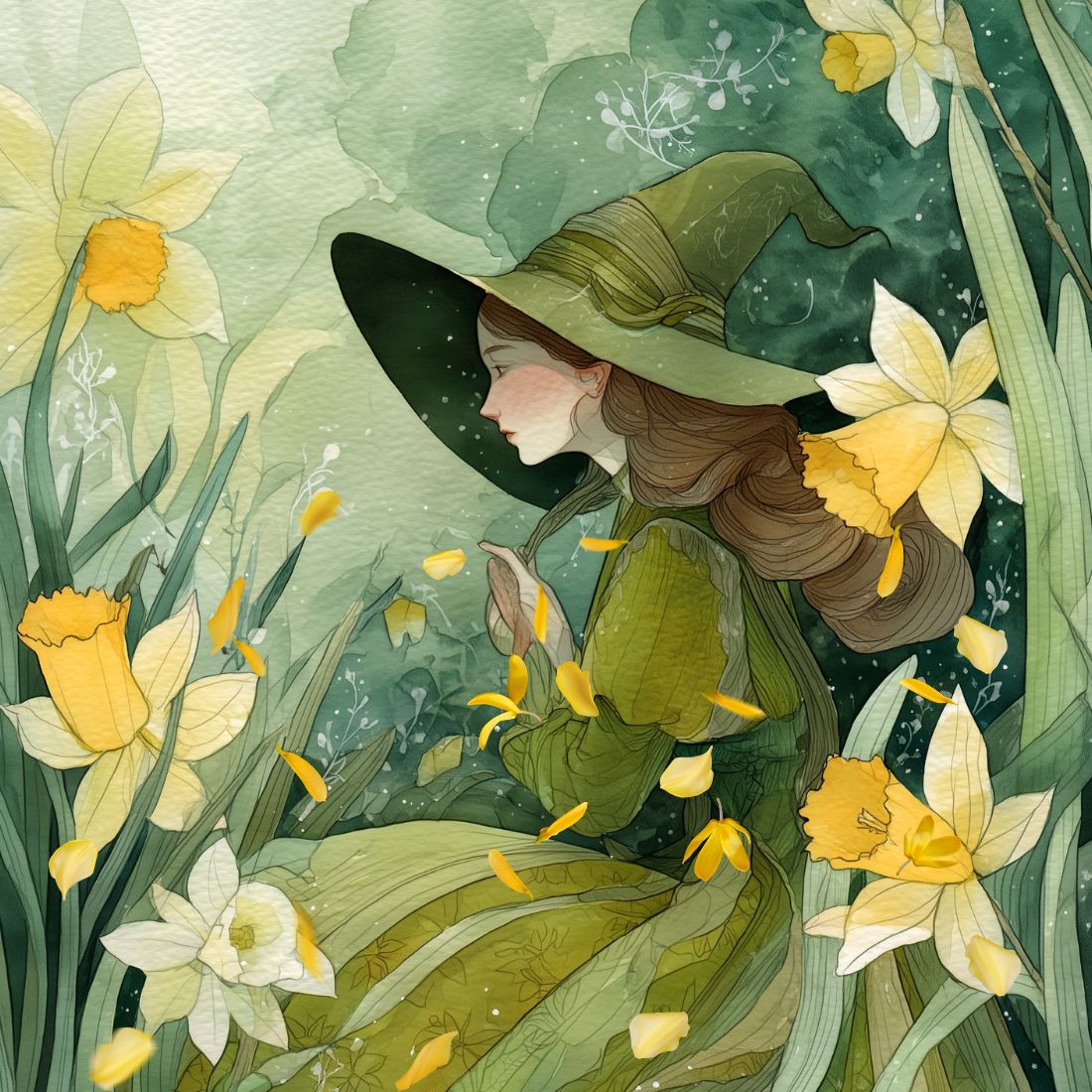 Artistic illustration of a person in a green witch hat and dress surrounded by yellow flowers.