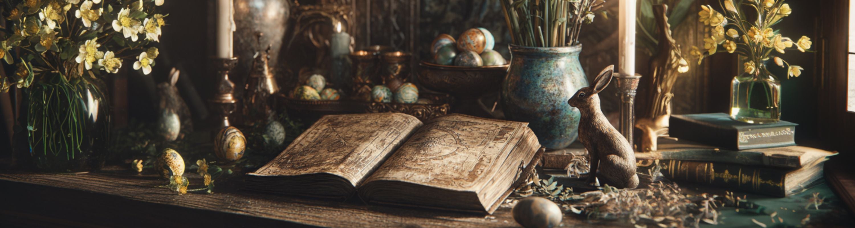 Vintage-style still life with books, flowers, and decorative items on a wooden table.