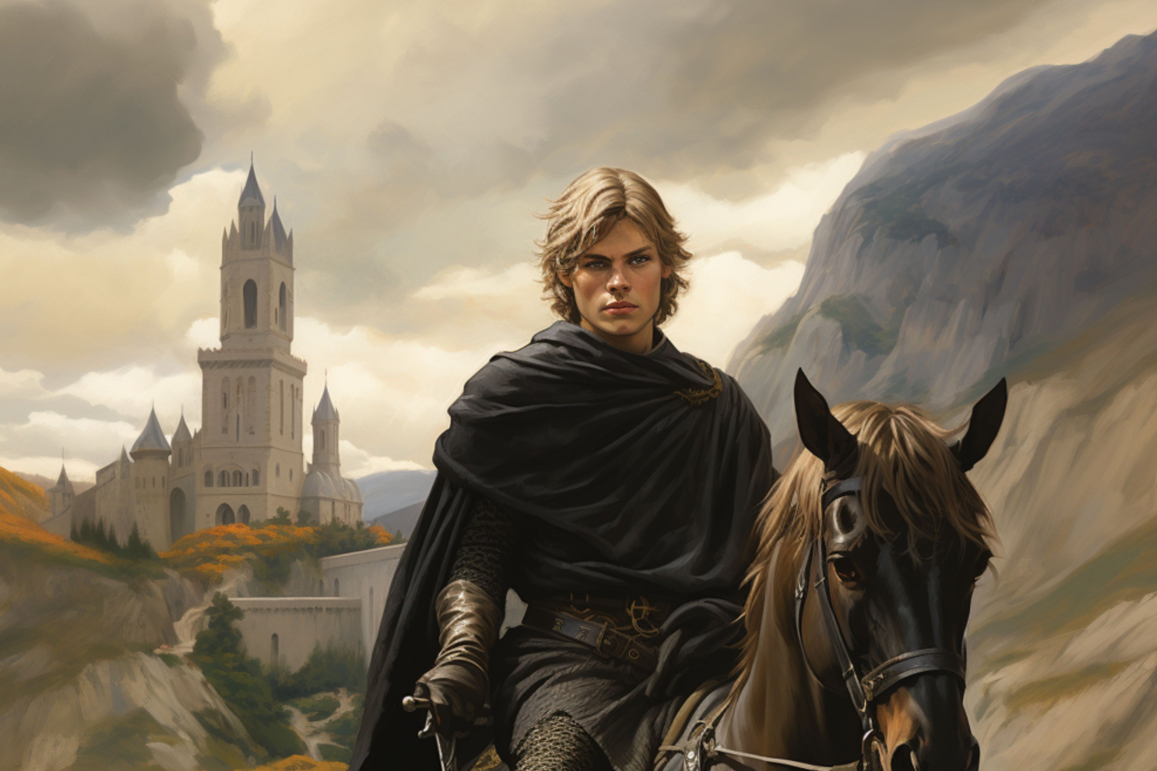 Dark blond haired boy on horseback, castle in distance, epic fantasy setting. Fantasy books for young adults.