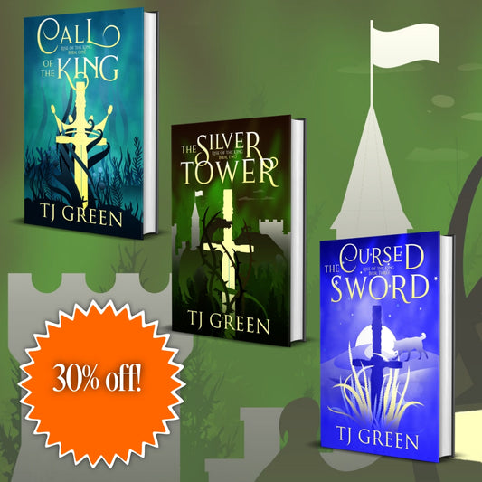Three books by TJ Green with a castle silhouette and flag on a green background, featuring a 30% off sale badge. YA Arthurian Fantasy Sword and Sorcery