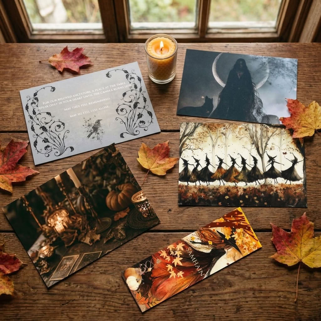 A styled flat-lay of a gothic autumn-themed card set on a rustic wooden table, surrounded by fall leaves and a burning candle. The set includes a silver invitation card with black filigree, a dark illustration of a cloaked figure under a full moon, a group of witches riding broomsticks, a cozy autumn cabin scene, and a long horizontal card with a witch and pumpkins.