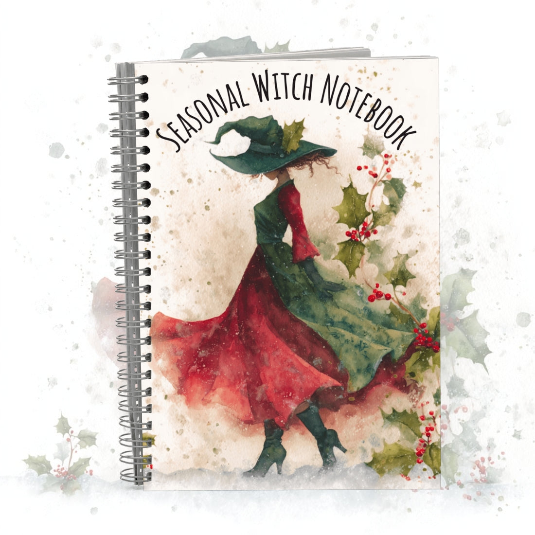 Seasonal Witch Notebook with a design of a woman in a green hat and red coat on a snowy background.