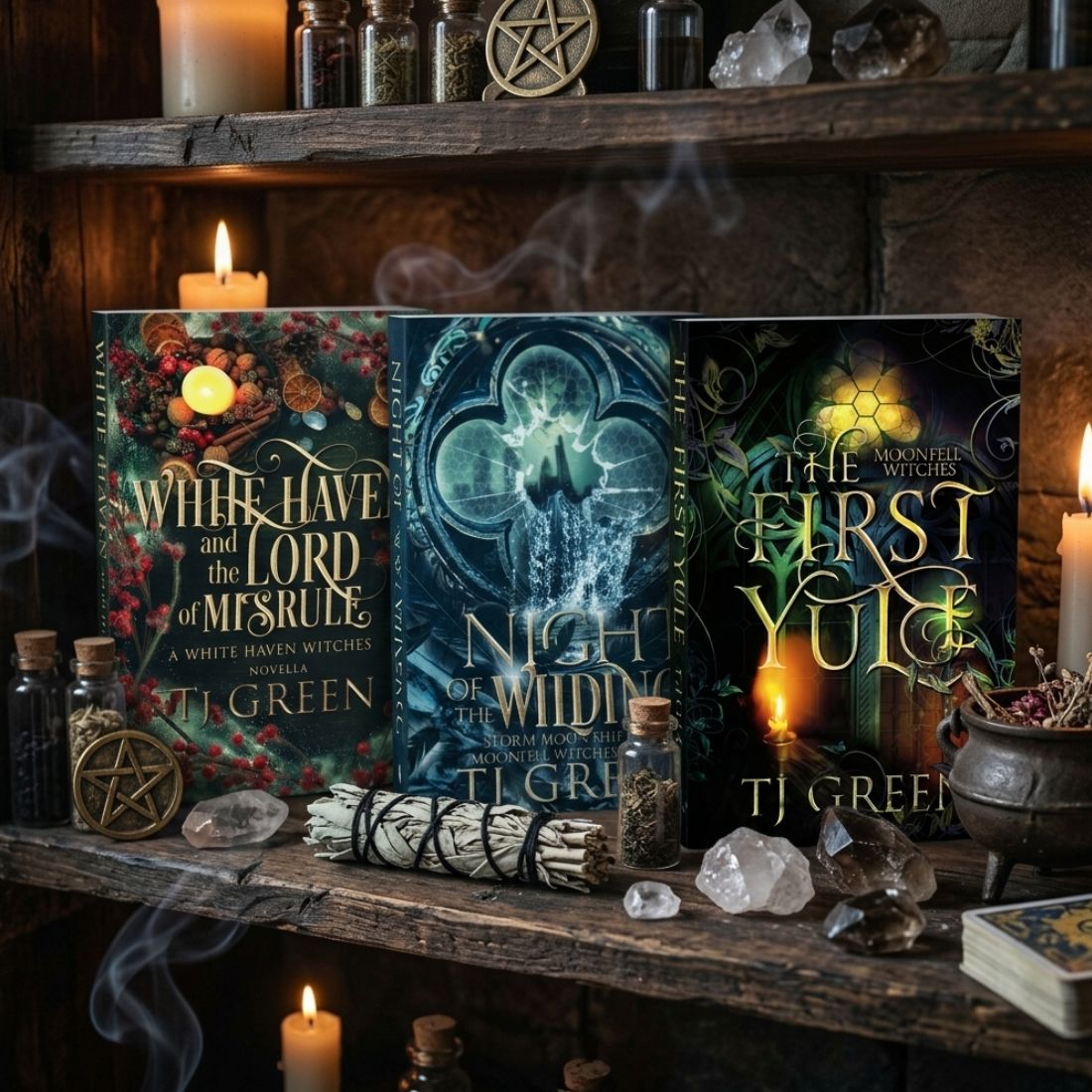 Three novellas on a book case by TJ Green