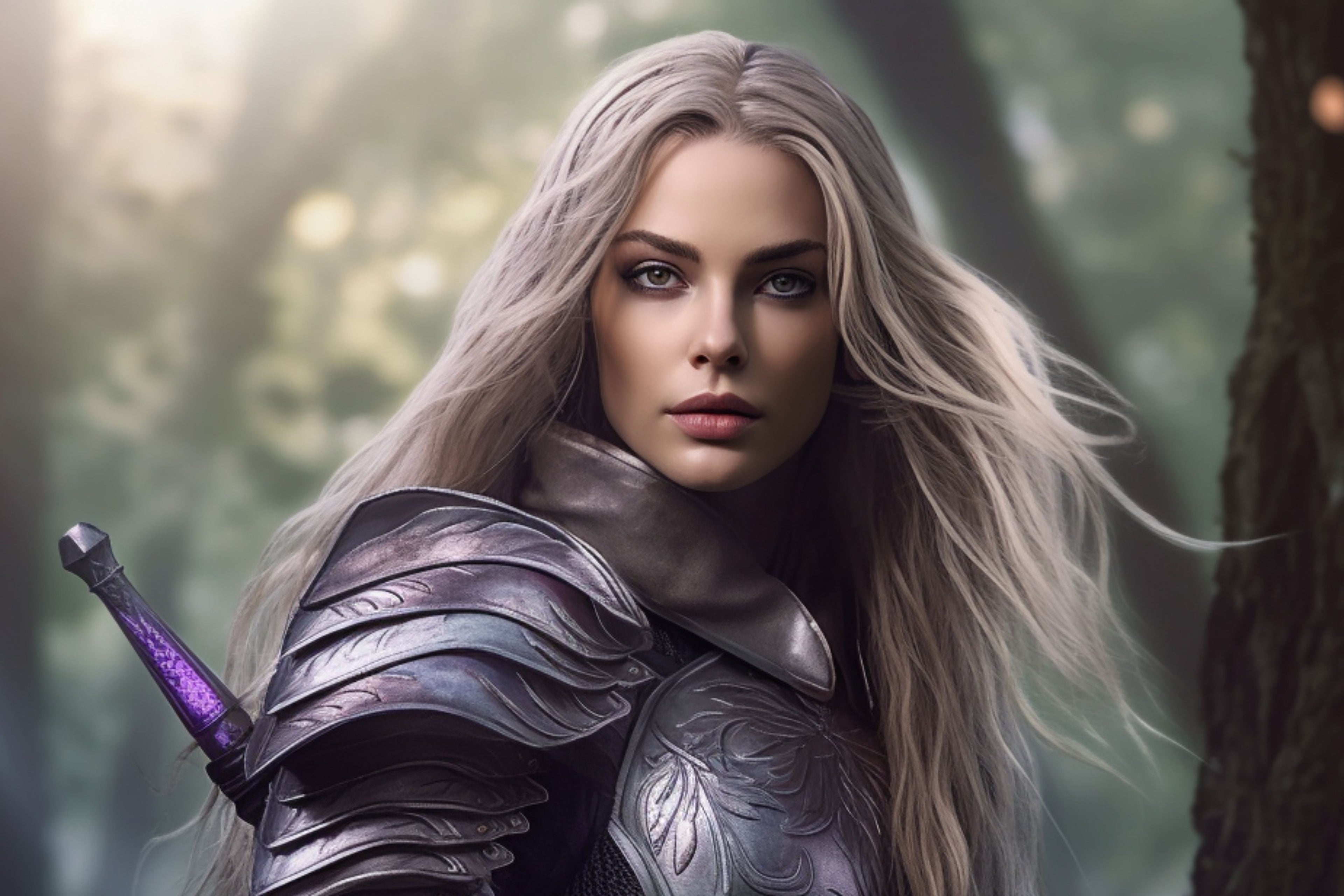 White Haven Hunters. Paranormal Mysteries, urban fantasy books Woman with blond hair, fey warrior, forest background.