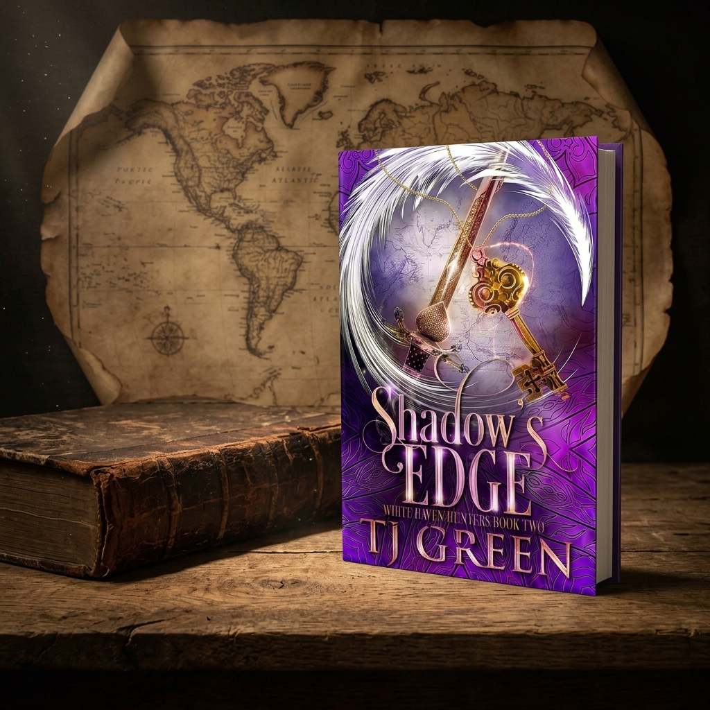 Shadow's Edge book upright on a wooden table with an old book and a map in the background