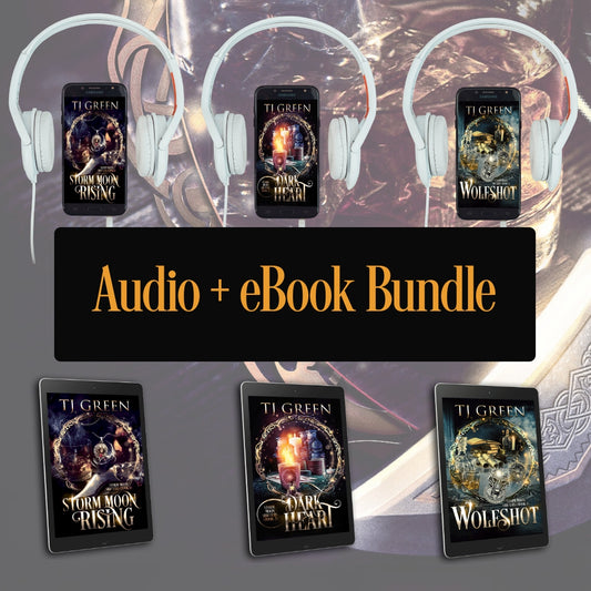Audio and eBook bundle with books and phone screens displaying book covers, surrounded by headphones. English urban fantasy series with wolf-shifters