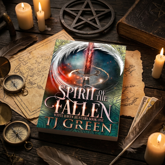 Paperback book on ancient maps, with candles, feathers, and compass.