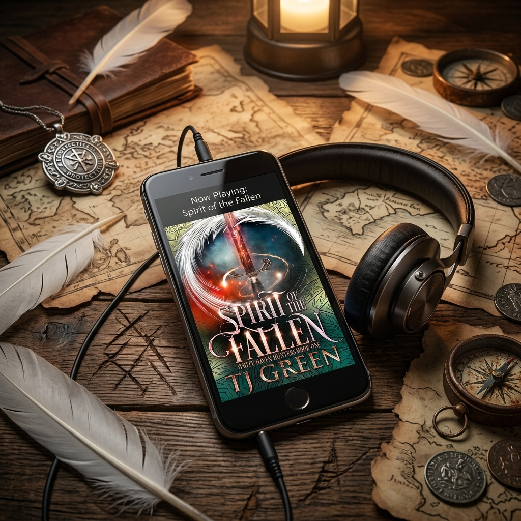 Spirit of the fallen audiobook on a phone with earphones on a an map.