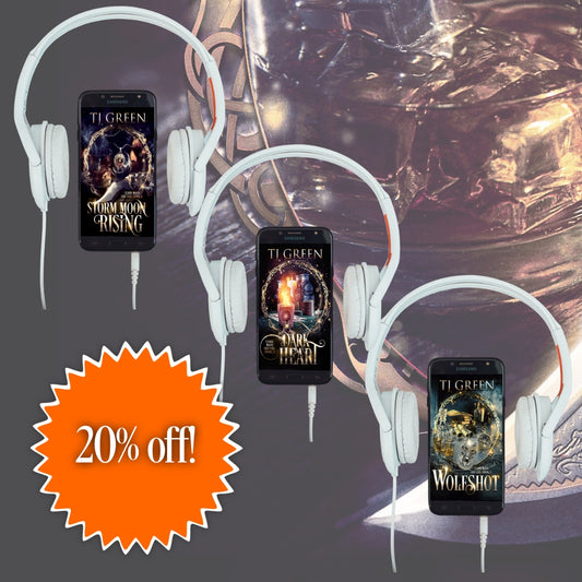 Headphones with three books on a phone screens, with a 20% off label. Paranormal Shifter mysteries, UK Urban Fantasy