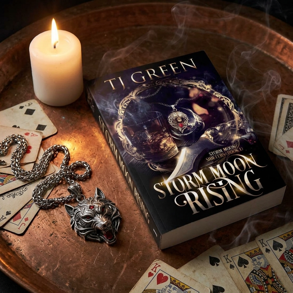 Book titled 'Storm Moon Rising' by T.L. Green on a table with candles, jewelry, and playing cards.