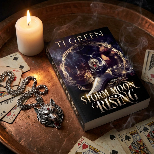 Book titled 'Storm Moon Rising' by T.L. Green on a table with candles, jewelry, and playing cards.