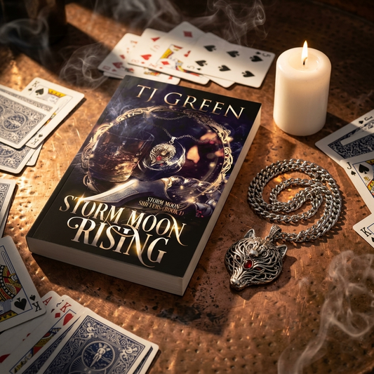 Book titled 'Storm Moon Rising' by TJ Green on a table with playing cards and a candle.