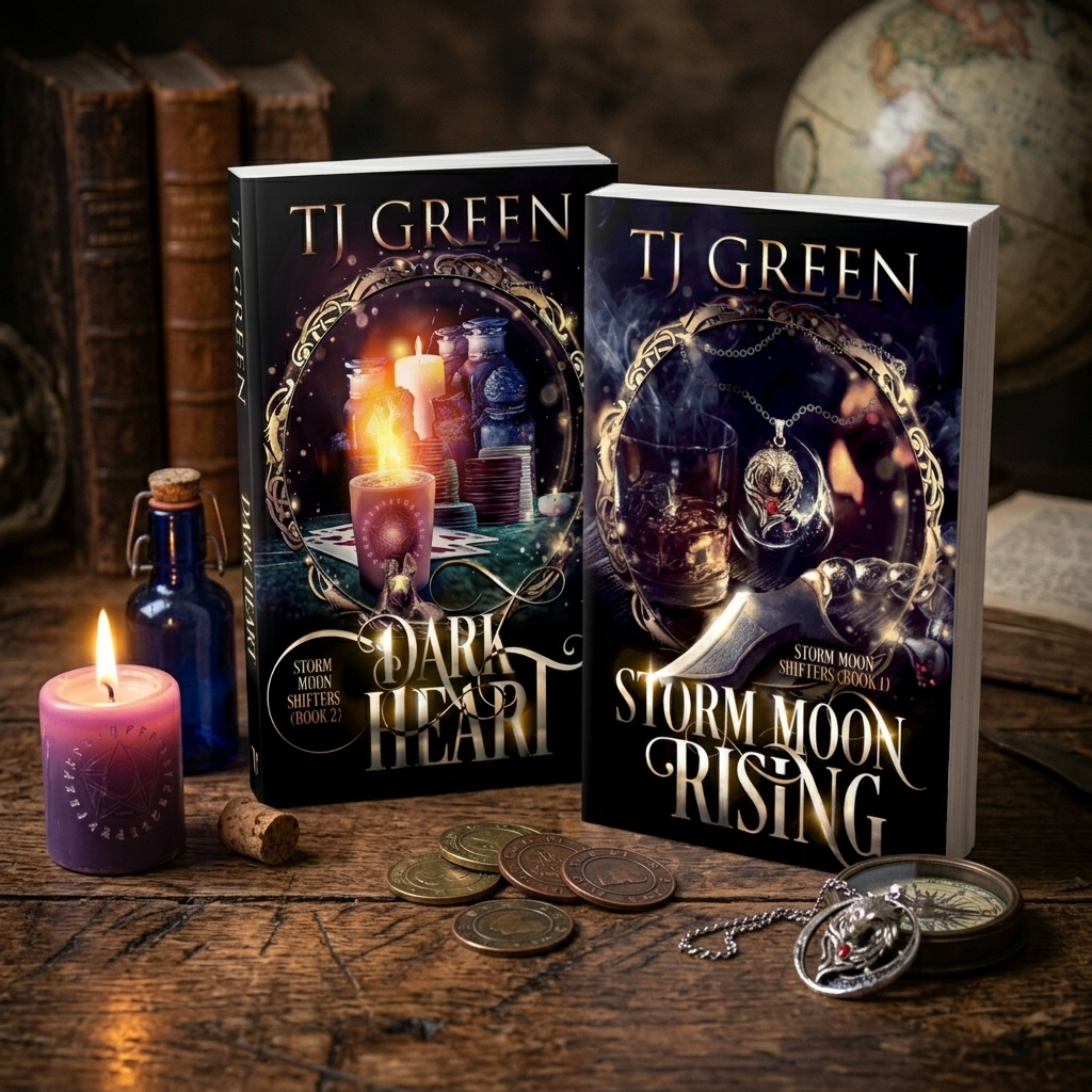 Two books titled 'Dark Heart' and 'Storm Moon Rising' by T.J. Green on a wooden surface with candles and coins.
