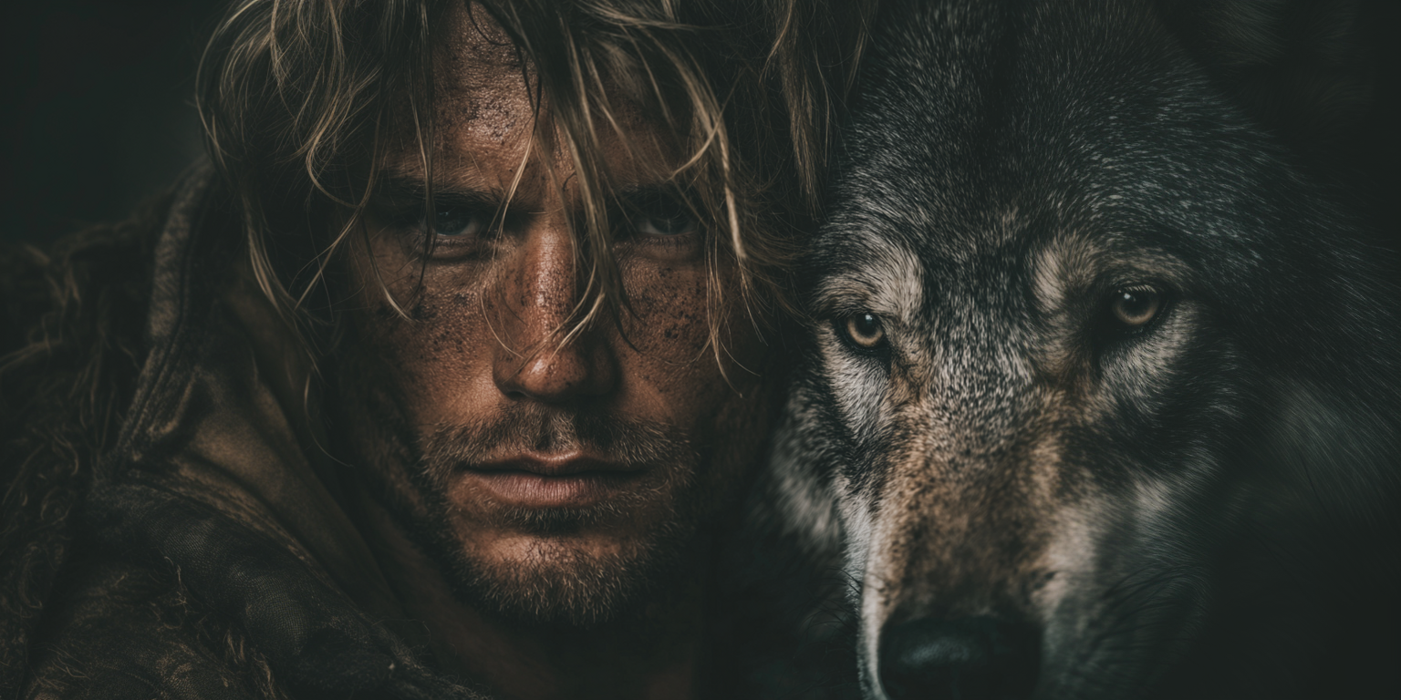 A close-up portrait of a man with long light brown hair and a wolf beside him, both shown in very dark, moody lighting against a black background.