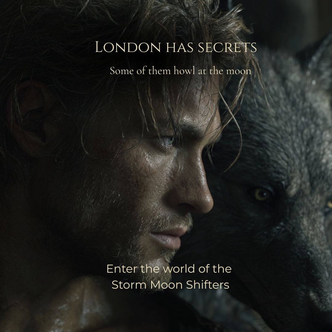 Man with a wolf and text about the world of the Storm Moon Shifters