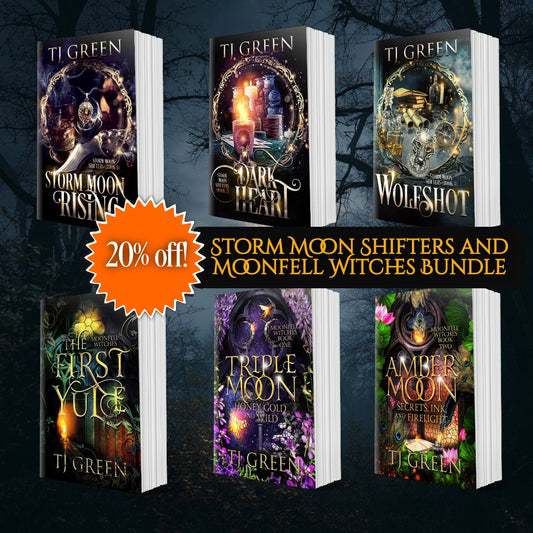 Collection of books by TJ Green with a promotional banner on a dark background. Paranormal mysteries and urban fantasy,