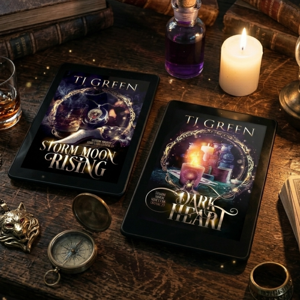 Two books titled 'Storm Moon Rising' and 'Dark Heart' by TI Green on a wooden surface with candles, bottles, and other objects.
