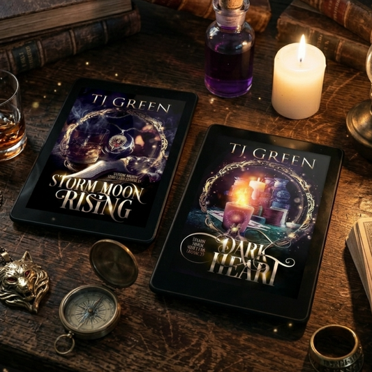 Two books titled 'Storm Moon Rising' and 'Dark Heart' by TI Green on a wooden surface with candles, bottles, and other objects.