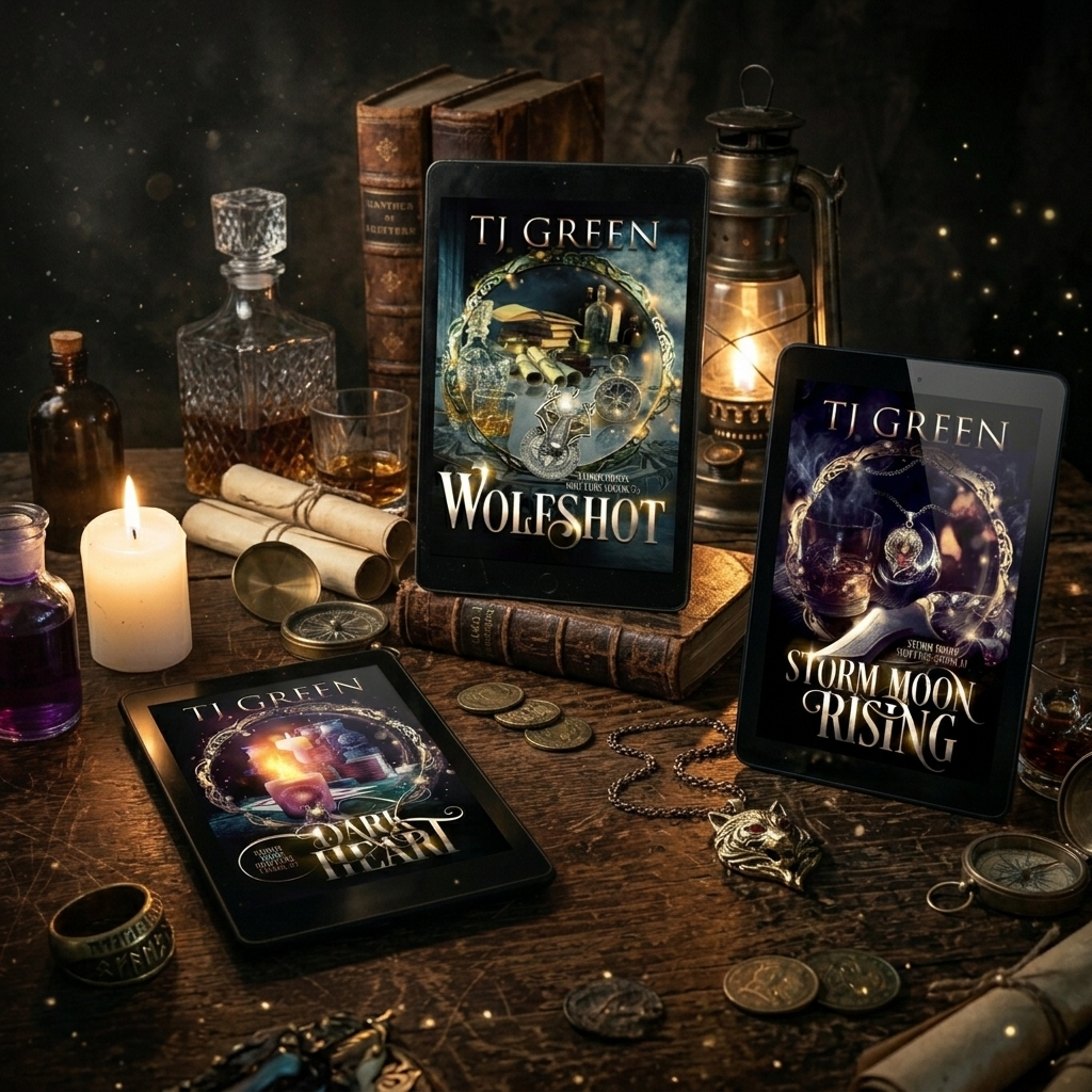 Three books by TJ Green on a wooden table with candles, bottles, and coins.