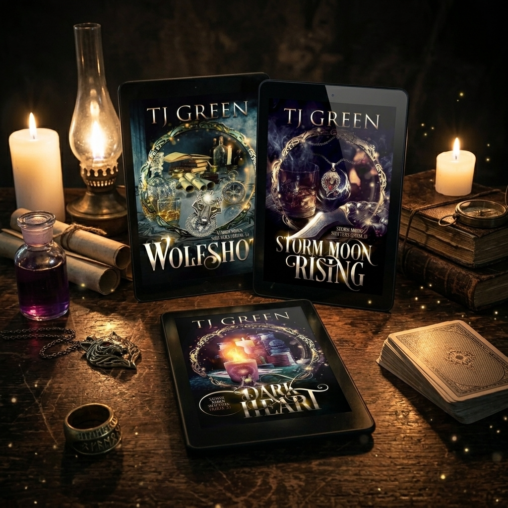 Three ebooks placed on a copper table with lamplight and scrolls
