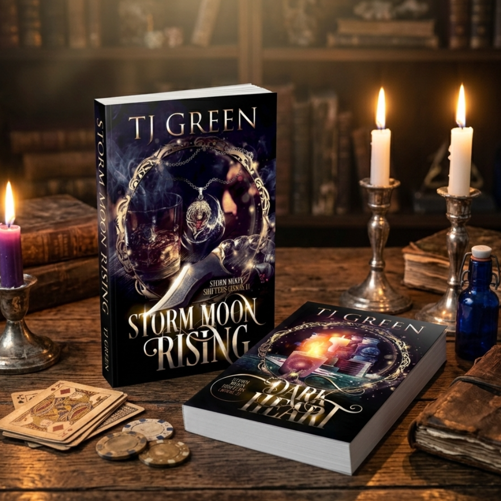 Two books by TJ Green on a wooden table with candles and cards, in a cozy, dimly lit room.