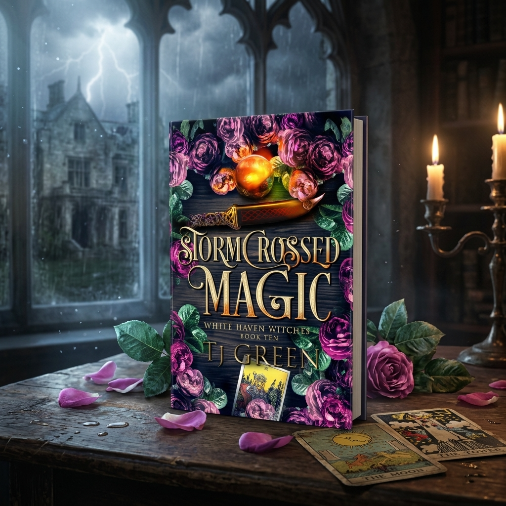 Book titled 'Stormcrossed Magic' on a wooden table with candles and flowers in a gothic setting.