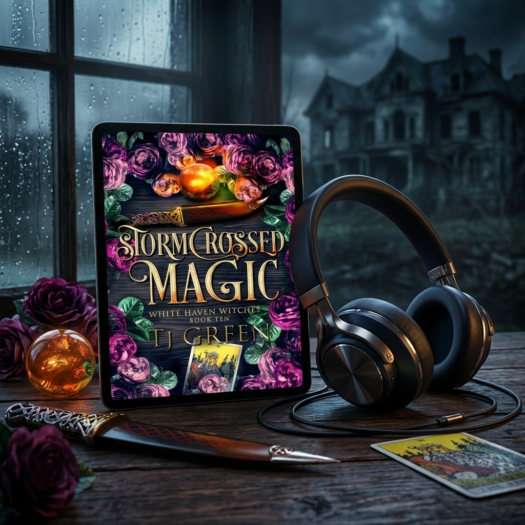 Tablet displaying 'Storm Crossed Magic' book cover with headphones and roses on a dark background