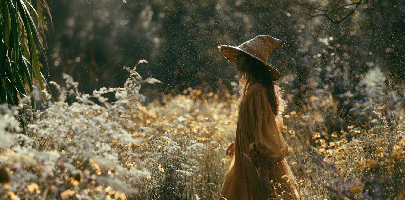 Person in a long coat and hat standing in a field of tall grass and wildflowers.