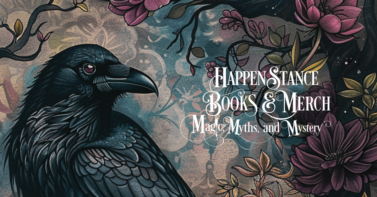 Raven on a flower background with the text Happenstance Books and Merch