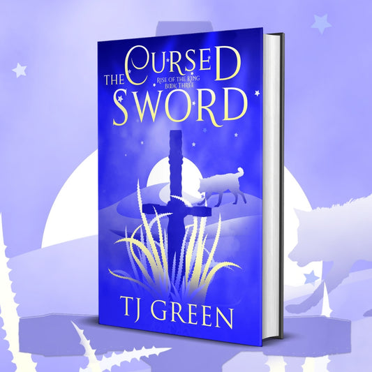 Book cover of 'The Cursed Sword' by TJ Green on a purple background with a sword and moon design. The Cursed Sword YA Arthurian Fantasy Sword and Sorcery