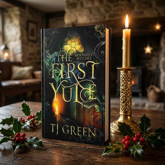 Book titled 'The First Yule' by T.J. Green on a wooden table with holly and a candle.