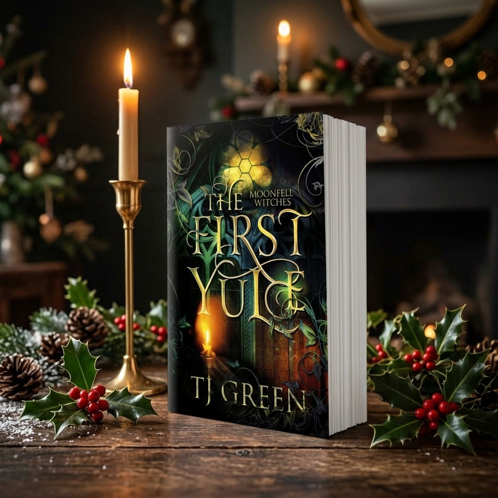 Book titled 'The First Yule' by TJ Green on a wooden table with candles and festive decorations.
