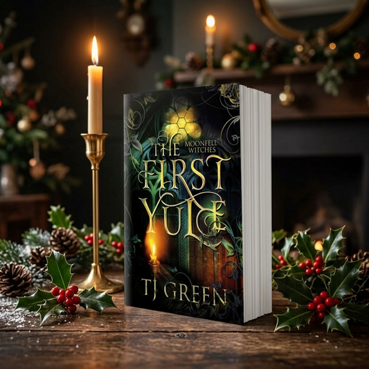 Book titled 'The First Yule' by TJ Green on a wooden table with candles and festive decorations.