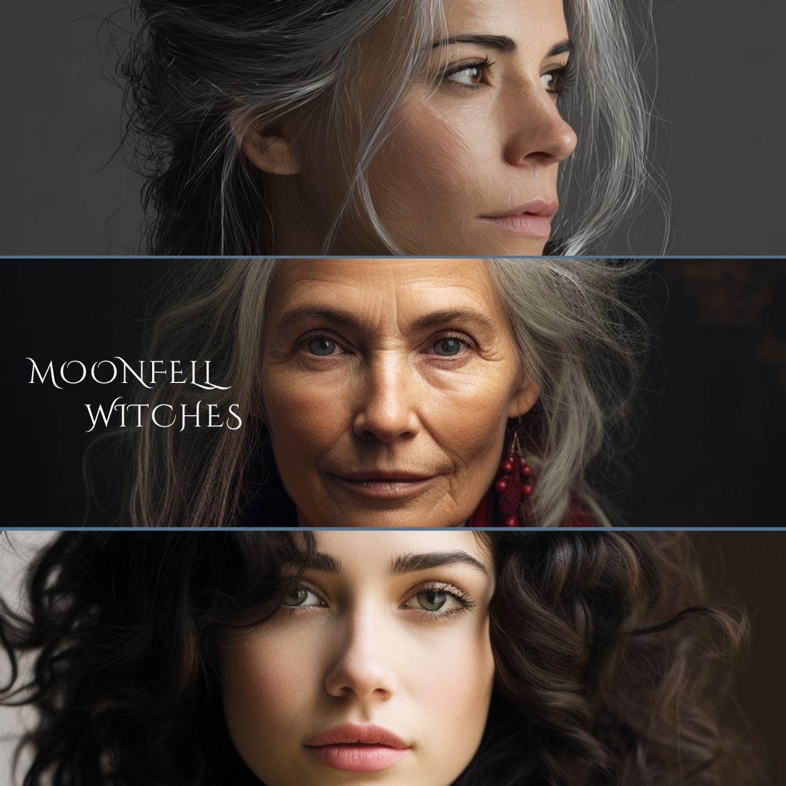 Three women with different hairstyles and expressions, with 'Moonfall Witches' text in the center.