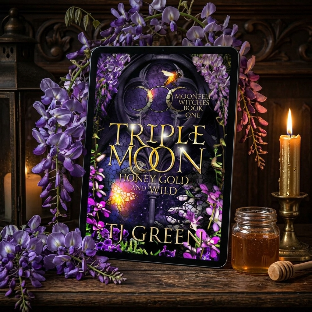 Ebook of 'Triple Moon, Honey Gold and Wild' by T.J. Green with purple flowers and a candle in the background