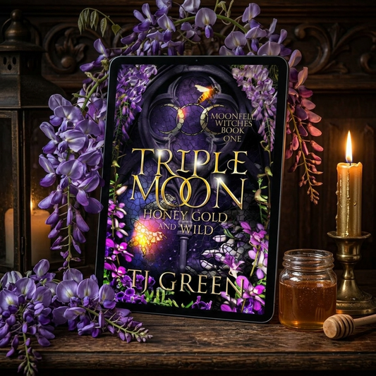 Ebook of 'Triple Moon, Honey Gold and Wild' by T.J. Green with purple flowers and a candle in the background