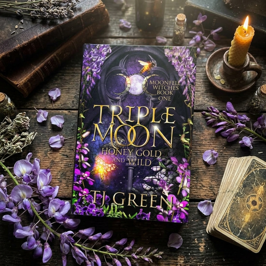 Book titled 'Triple Moon, Honey Gold, and Wild' by T.J. Green surrounded by purple flowers and a candle on a wooden surface.