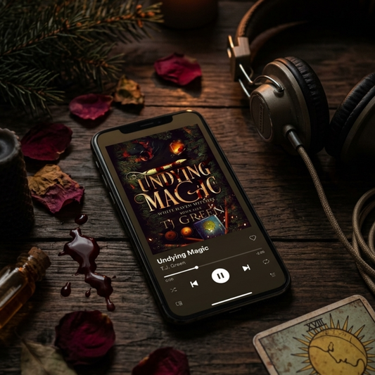 Phone displaying a book cover with headphones and decorative items on a wooden surface