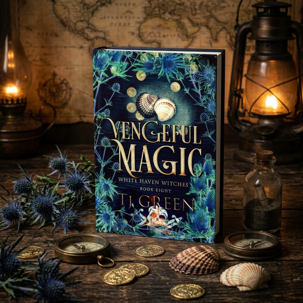 Book titled 'Vengeful Magic' by T.J. Green on a wooden surface with lanterns and herbs.