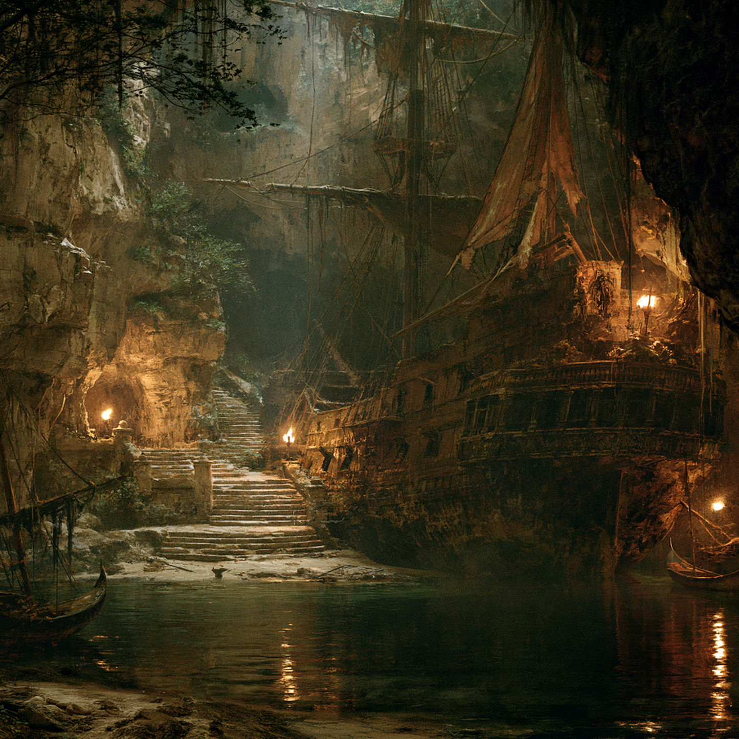 Wrecked pirate ship in a cave
