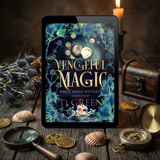 Tablet displaying the book cover of 'Vengeful Magic' by Il Green on a mystical table setting with candles and coins.